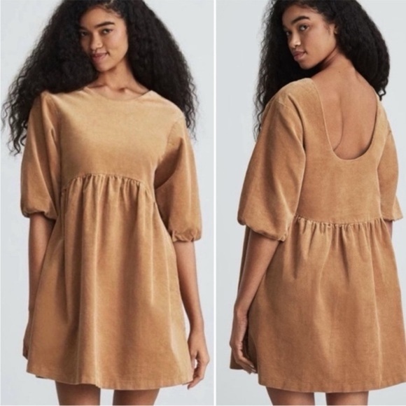 Everlane corduroy babydoll puff sleeve mini dress camel size XS - Picture 14 of 14
